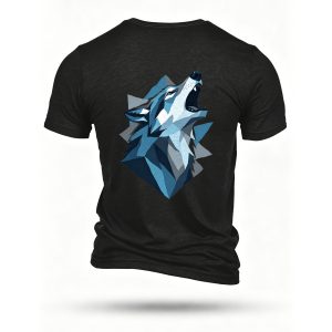 狼头嚎叫，几何多边形拼接风格，冰蓝与深灰，冷峻感 - back print, black T-shirt