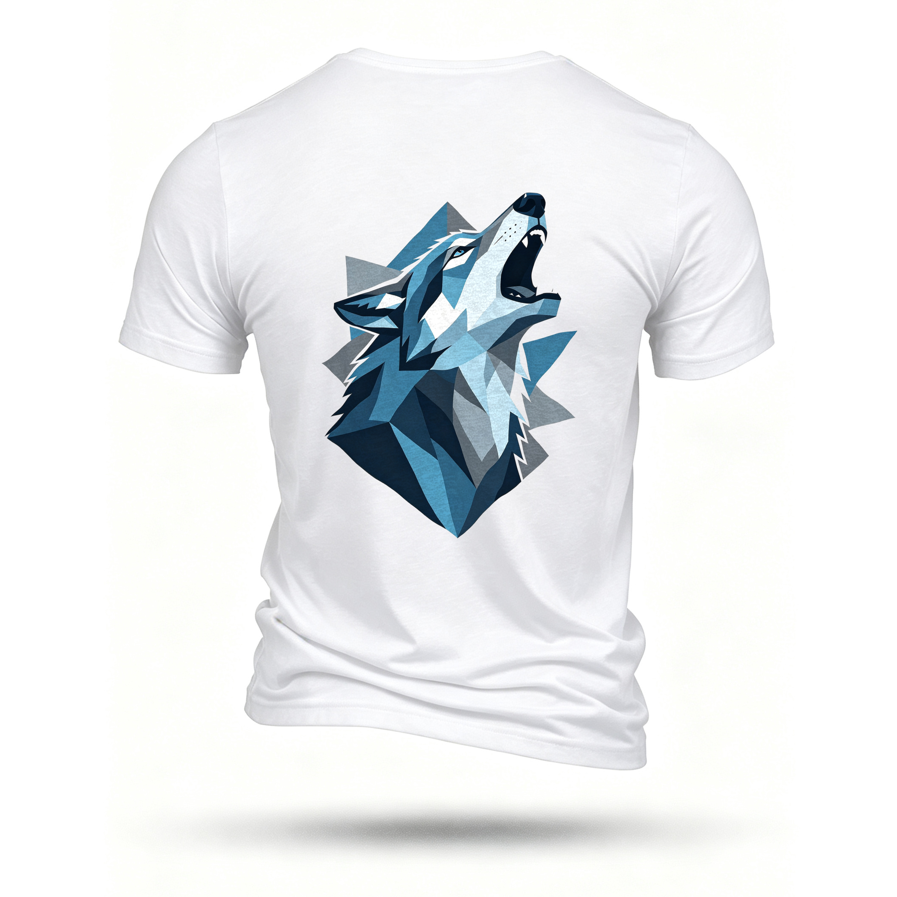 狼头嚎叫,几何多边形拼接风格,冰蓝与深灰,冷峻感 - back print, white T-shirt
