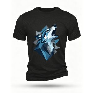 狼头嚎叫，几何多边形拼接风格，冰蓝与深灰，冷峻感 - front print, black T-shirt