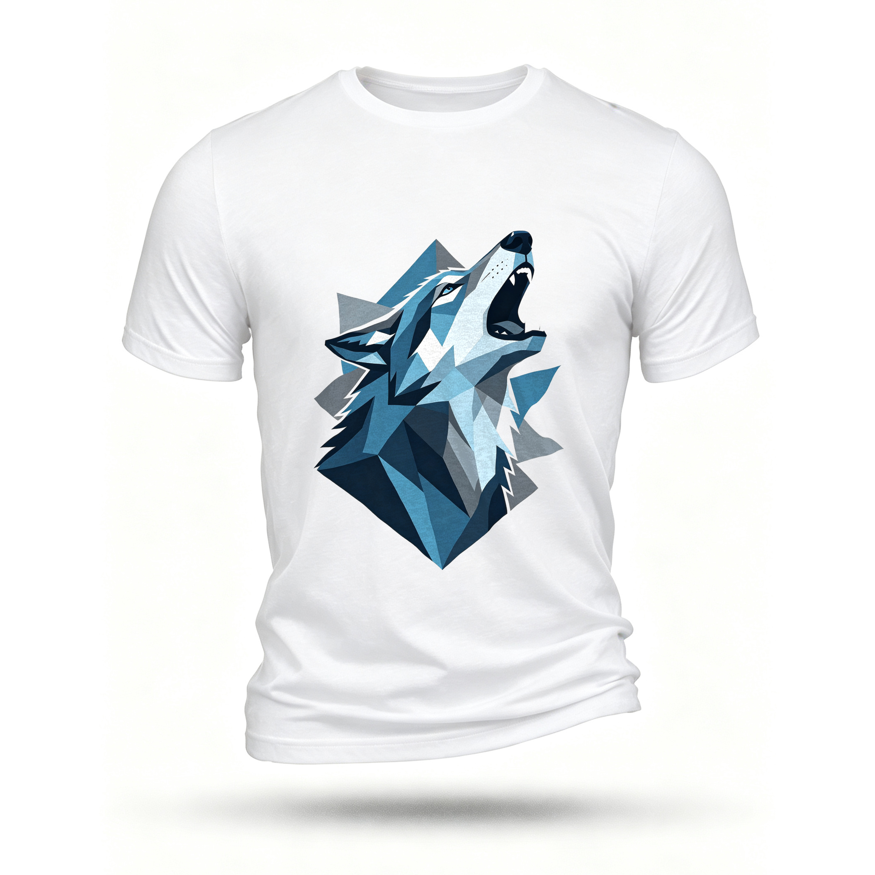 狼头嚎叫,几何多边形拼接风格,冰蓝与深灰,冷峻感 - front print, white T-shirt