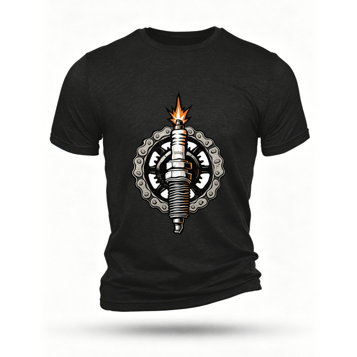 Black Spark Plug Gear Emblem graphic T-shirt with denim jacket styling