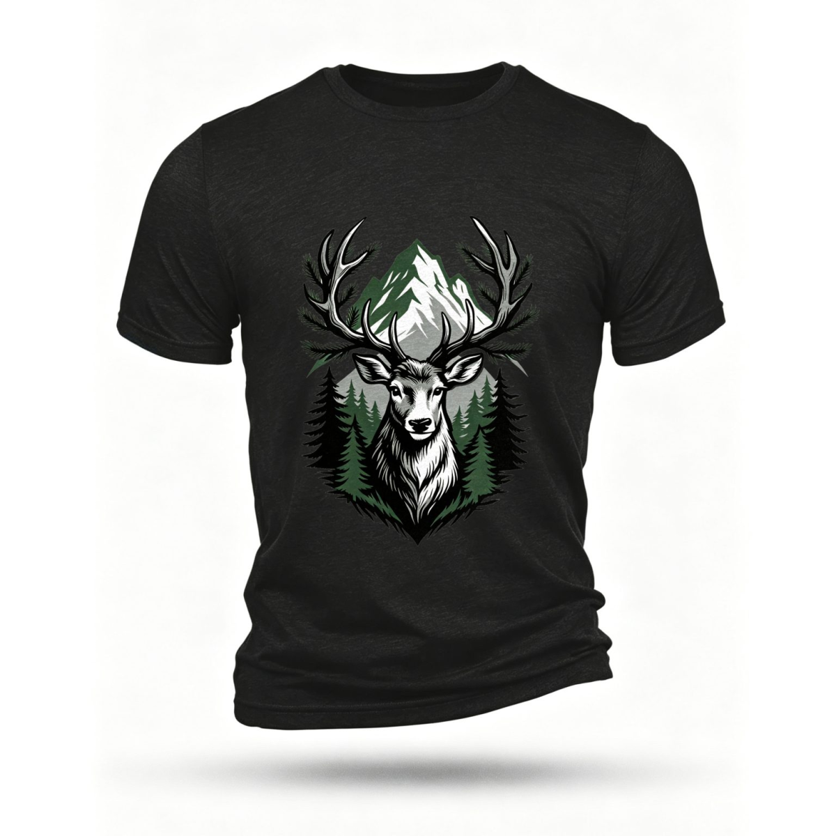 Black T-shirt with a white and gray stag, green pine trees, and mountain artwork