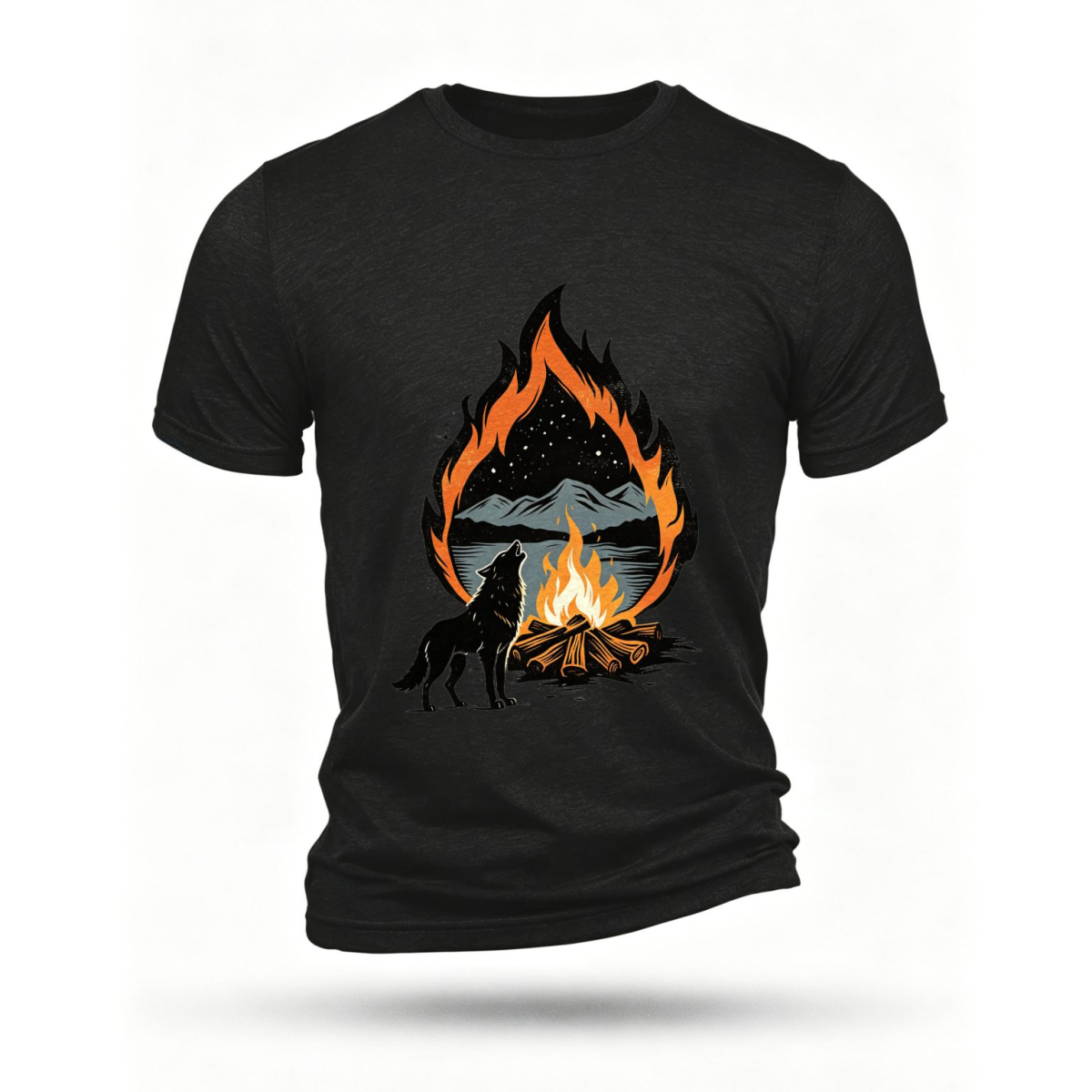 Black T-shirt showing a wolf beside a campfire within an orange flame outline
