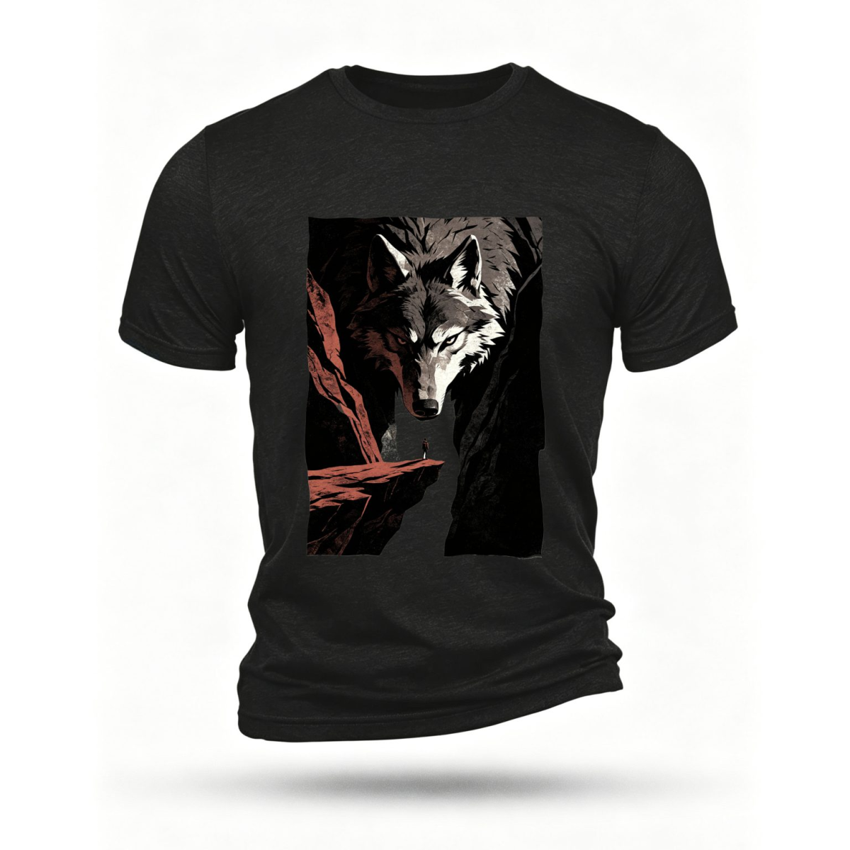 Black Stone Wolf Hiker graphic T-shirt under a denim jacket