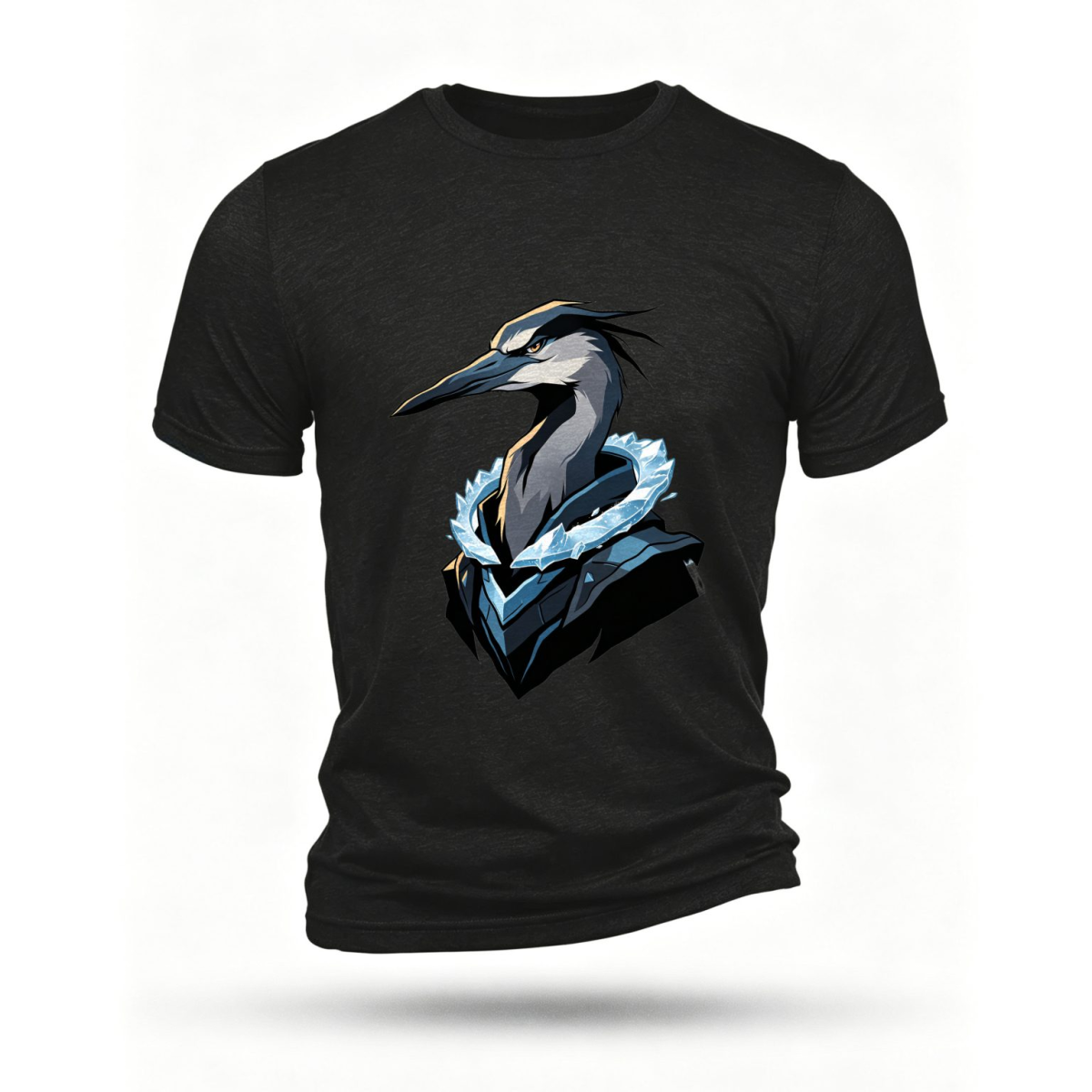 Black Heron Sentinel graphic T-shirt with blue-gray bird artwork